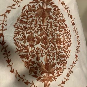 New Kashmir Crewel table cloth white cotton & brown hand embroidery 84" x 54"